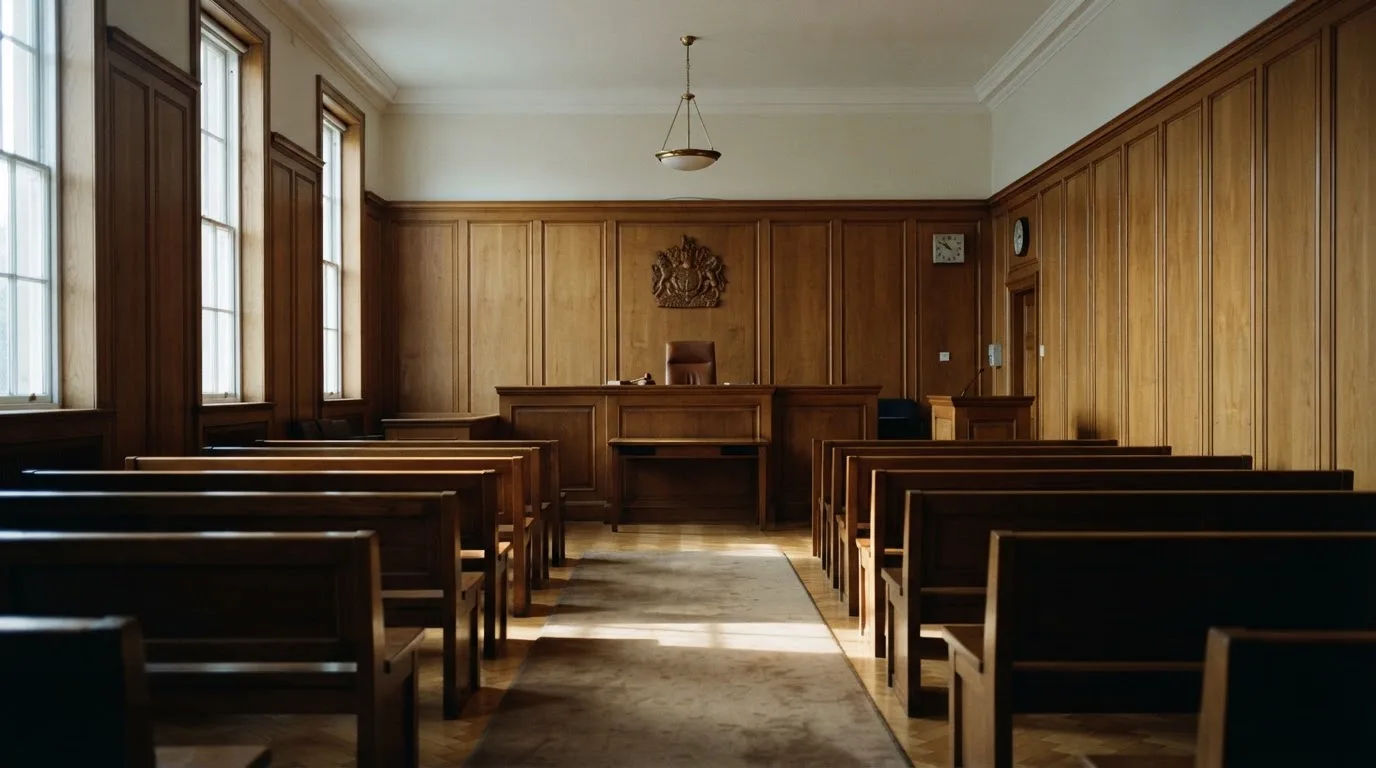 An empty courtroom with wooden benches in morning light