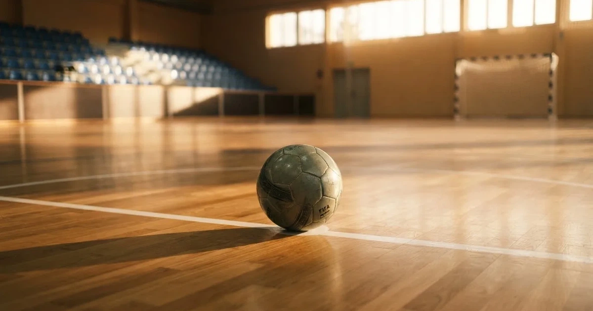 A ball on the centre spot of a grass pitch in morning light