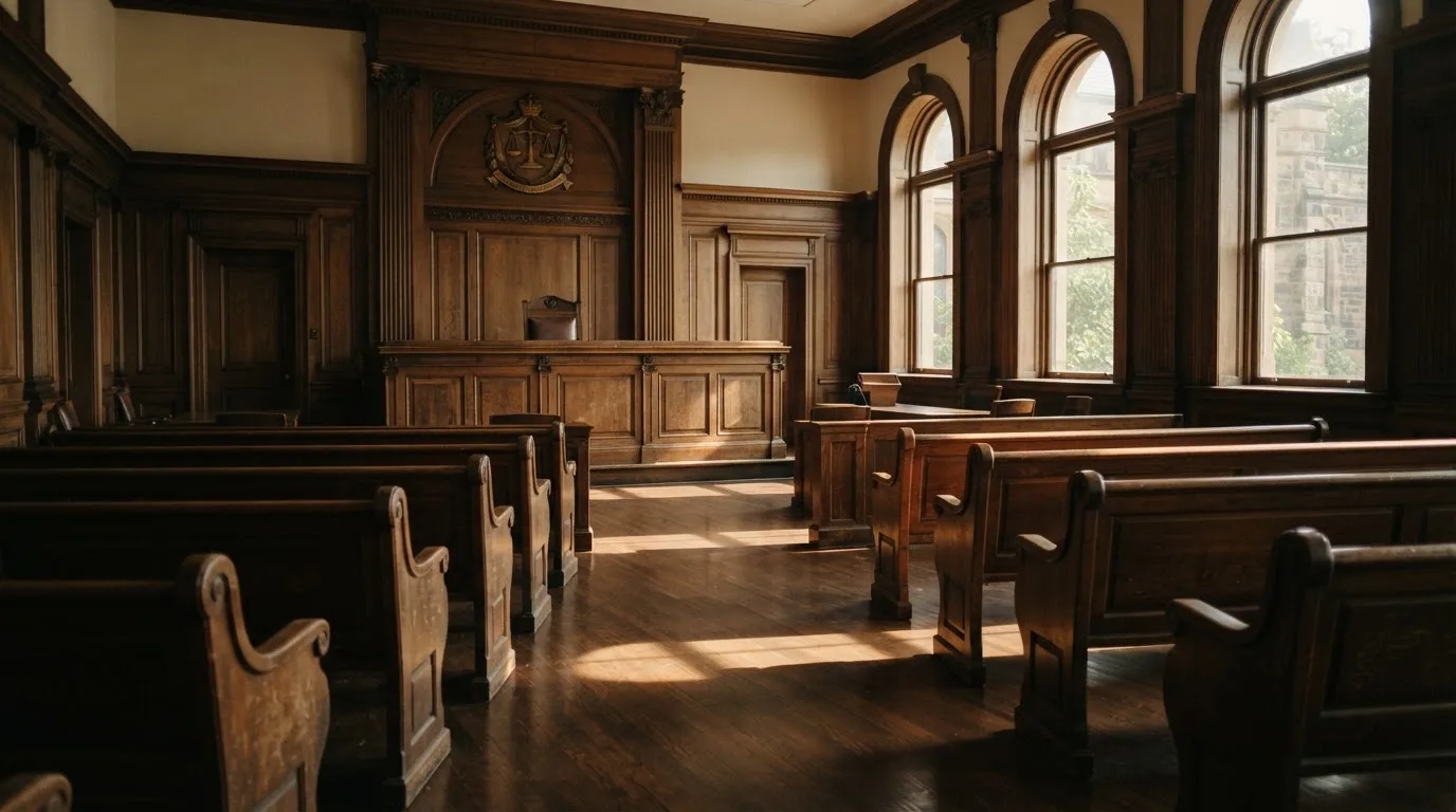 An empty courtroom with wooden benches in morning light