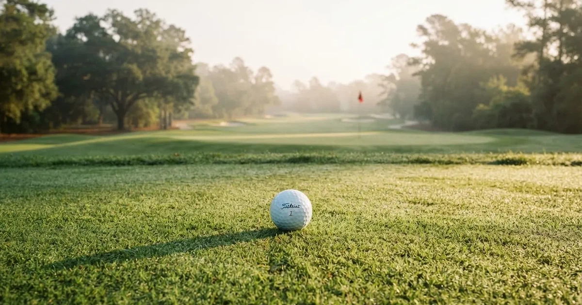 A ball on the centre spot of a grass pitch in morning light
