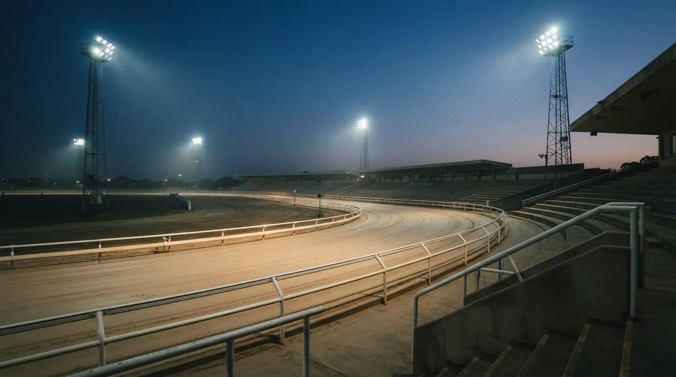 An empty football stadium with floodlight masts at dusk