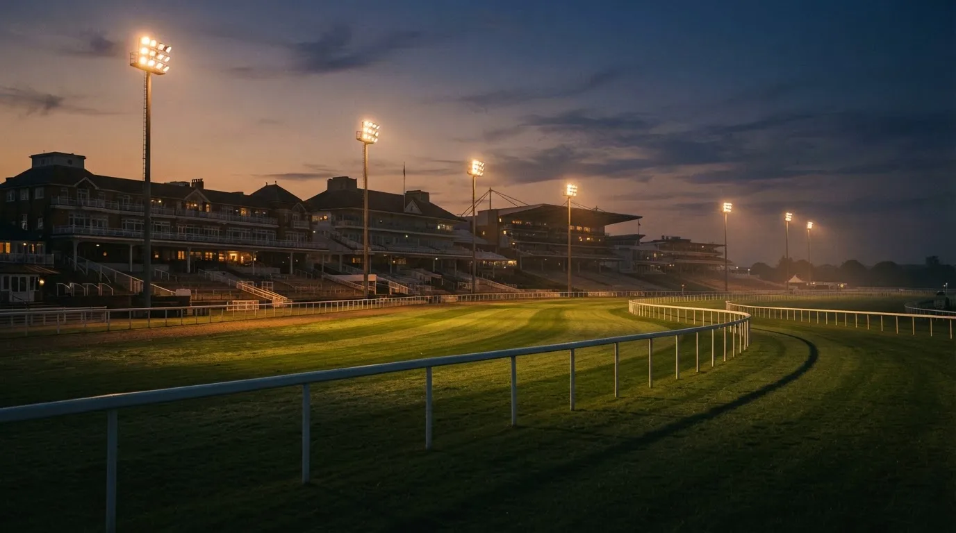 An empty football stadium with floodlight masts at dusk
