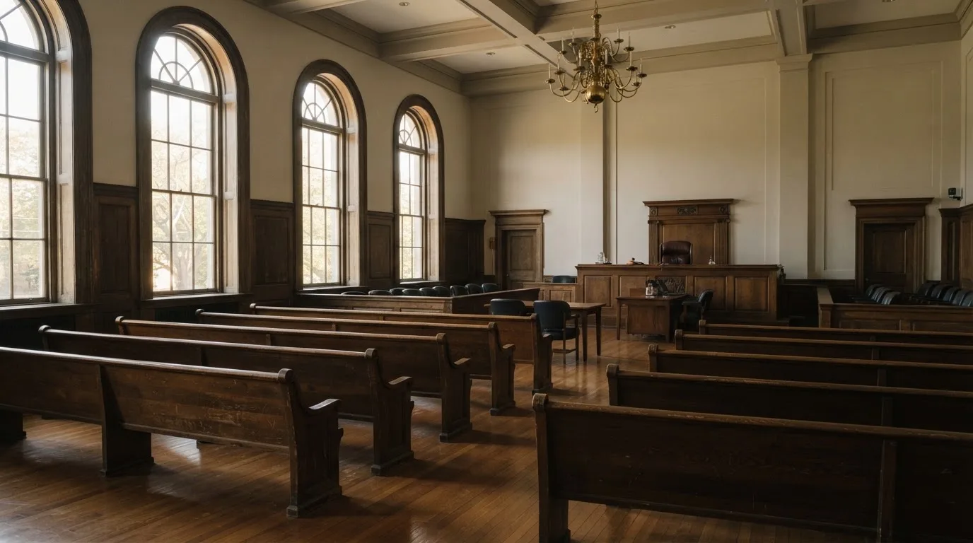 An empty courtroom with wooden benches in morning light