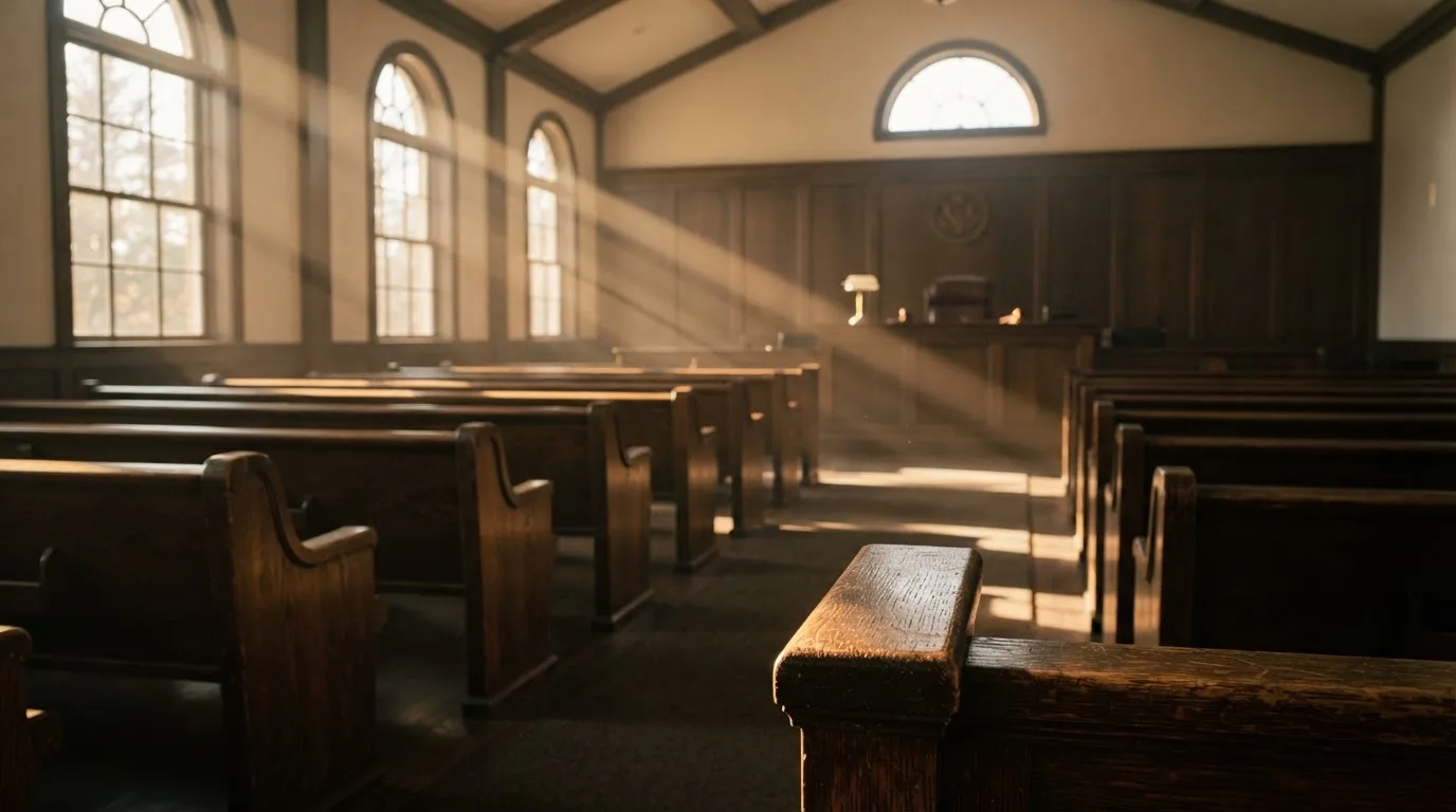 An empty courtroom with wooden benches in morning light