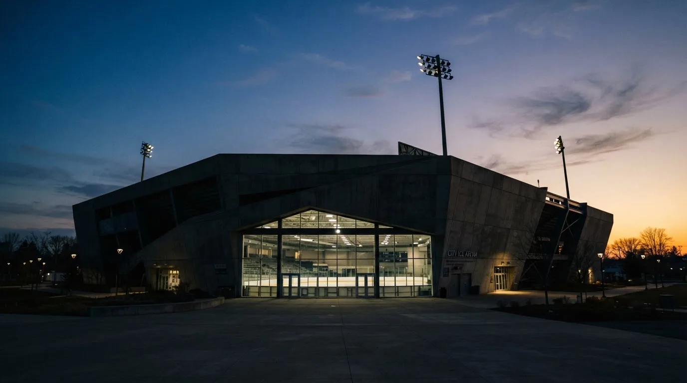 An empty football stadium with floodlight masts at dusk