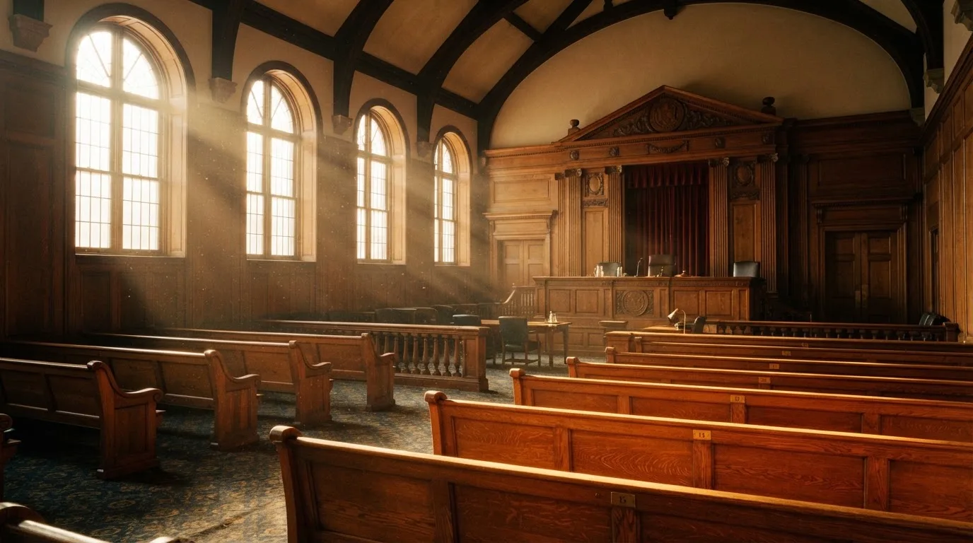 An empty courtroom with wooden benches in morning light