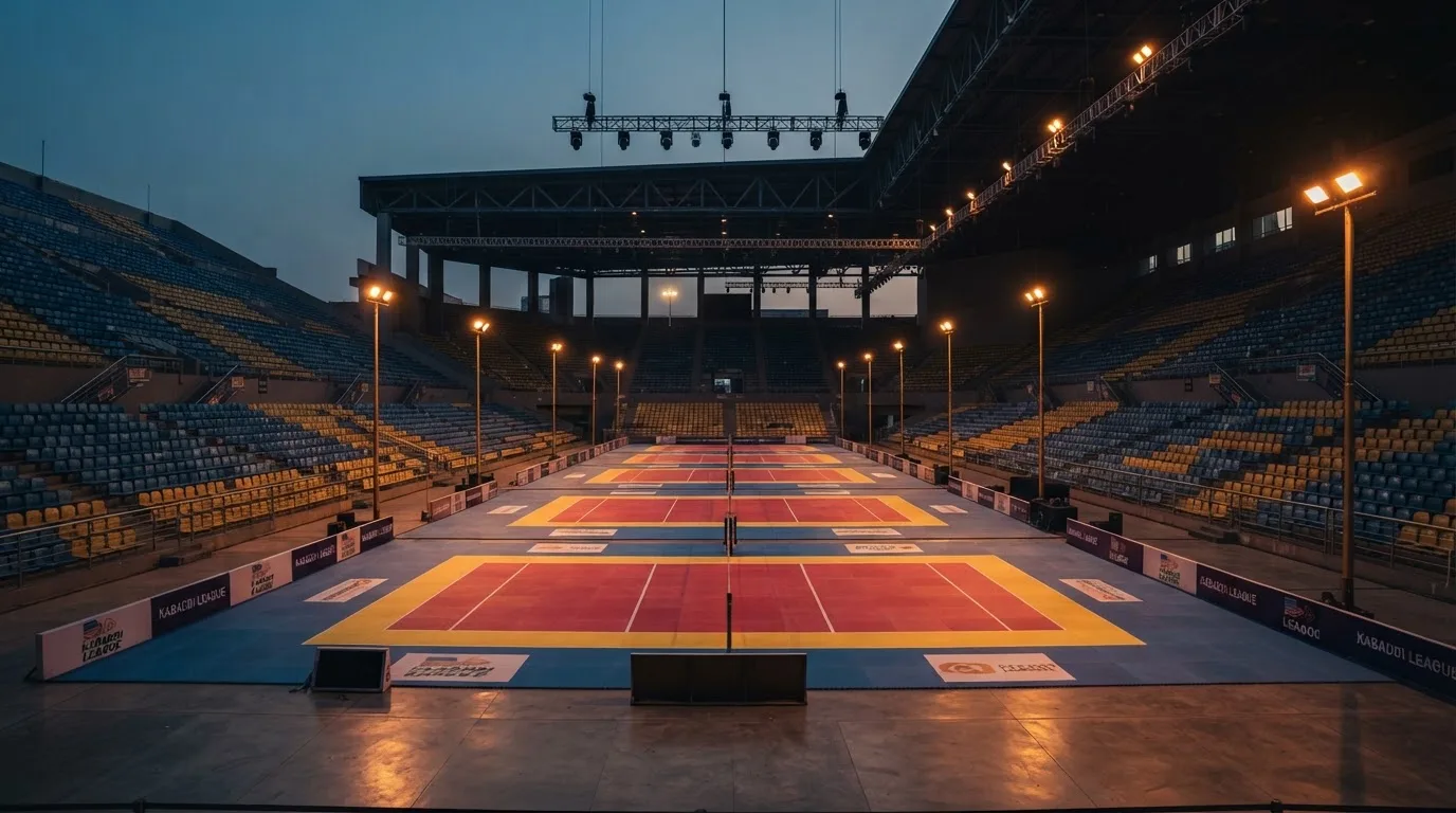 An empty football stadium with floodlight masts at dusk