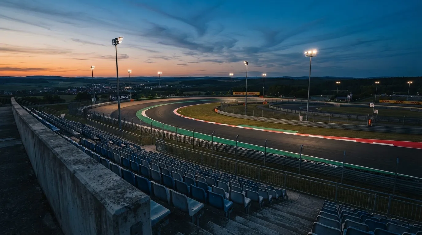 An empty football stadium with floodlight masts at dusk