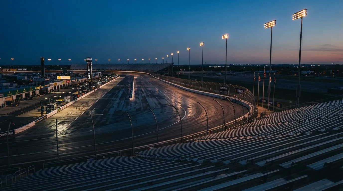 An empty football stadium with floodlight masts at dusk