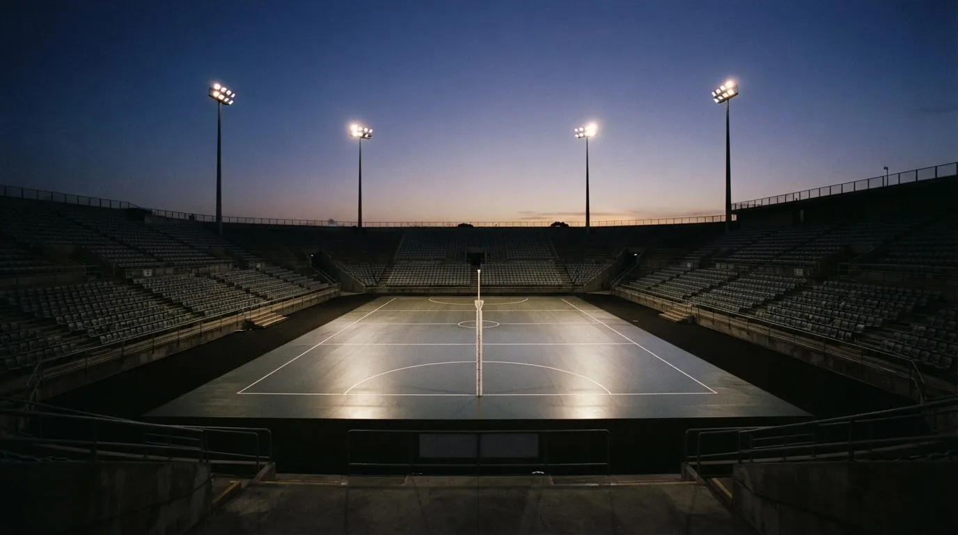 An empty football stadium with floodlight masts at dusk