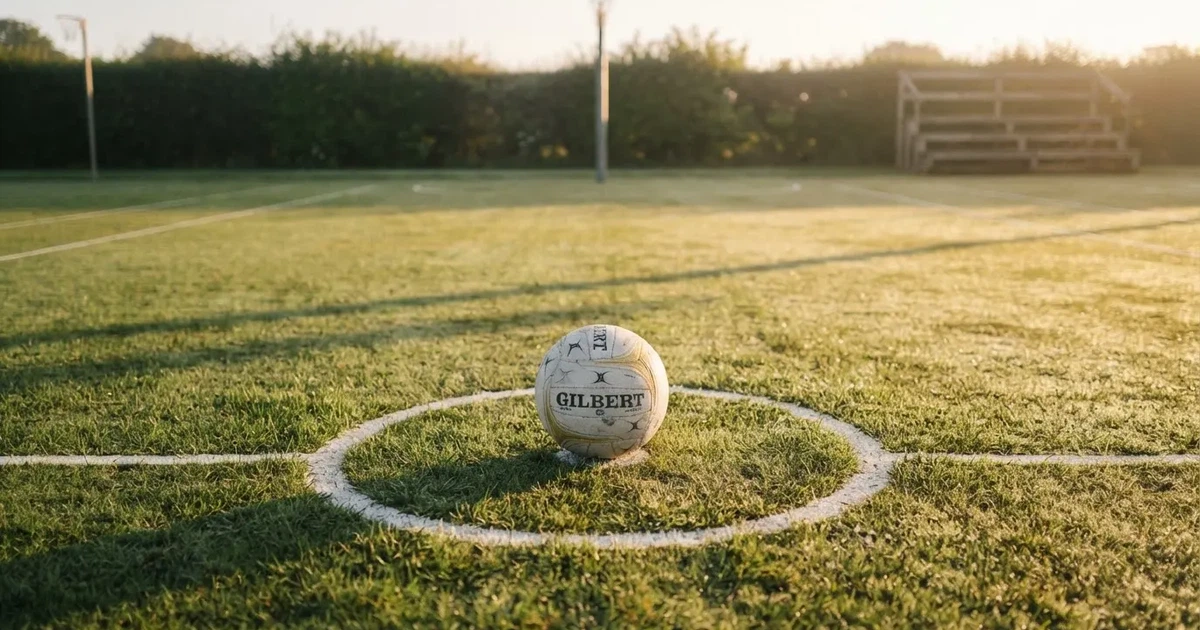 A ball on the centre spot of a grass pitch in morning light