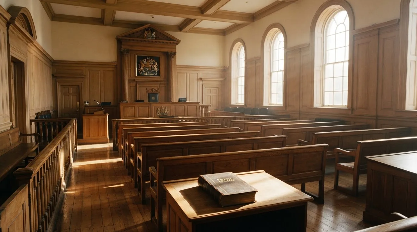 An empty courtroom with wooden benches in morning light