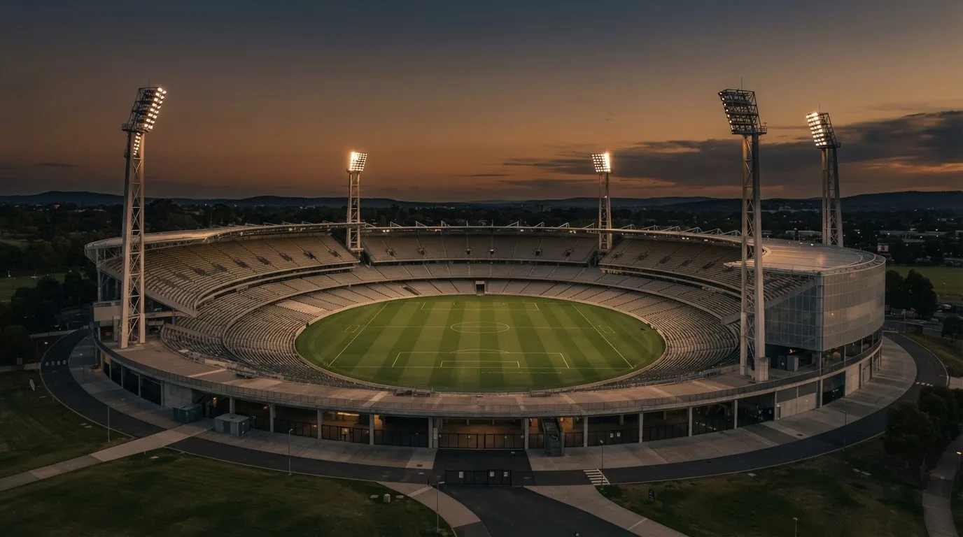 An empty football stadium with floodlight masts at dusk