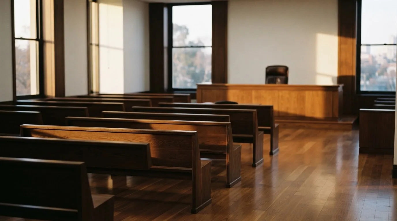 An empty courtroom with wooden benches in morning light