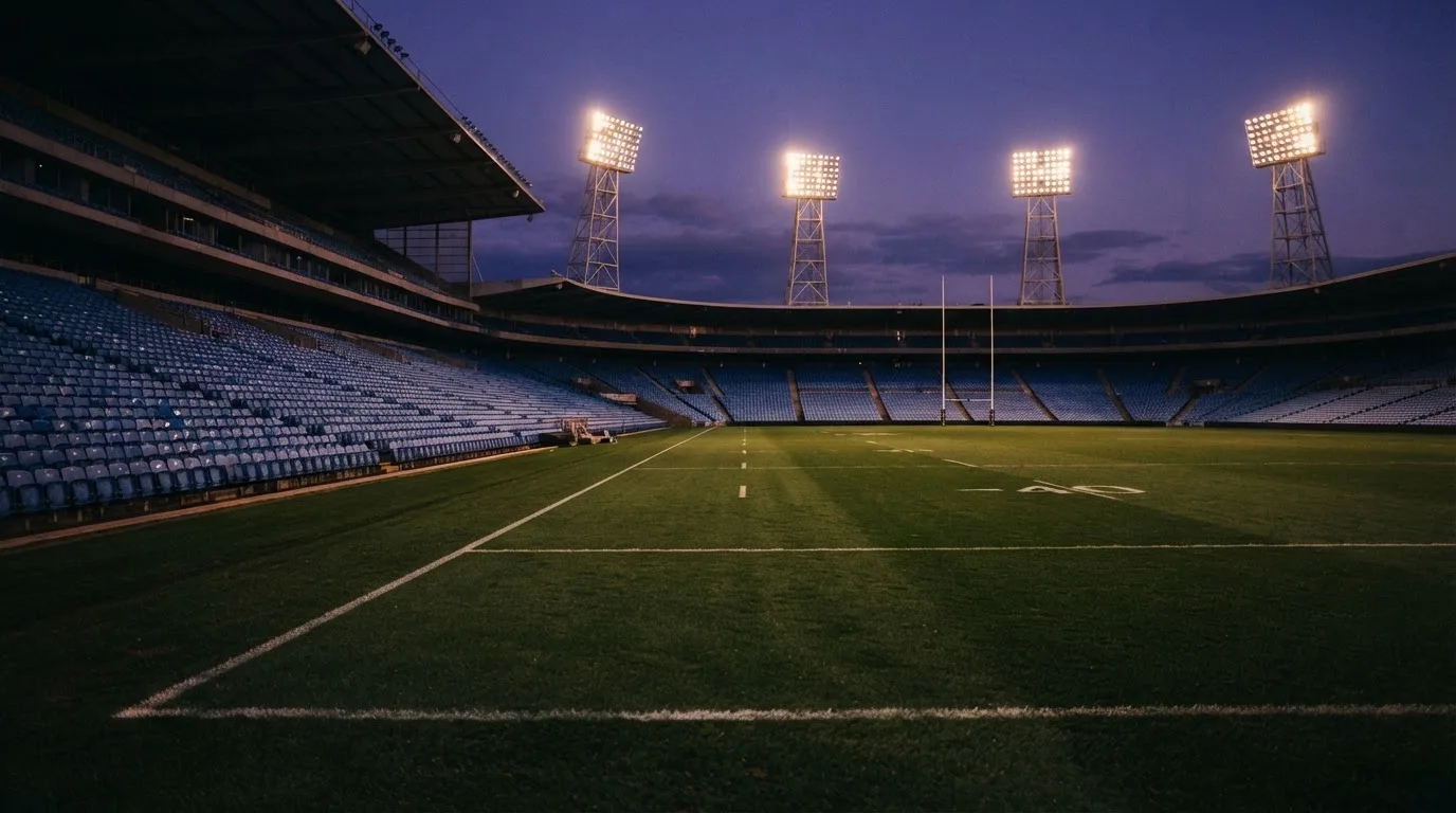 An empty football stadium with floodlight masts at dusk