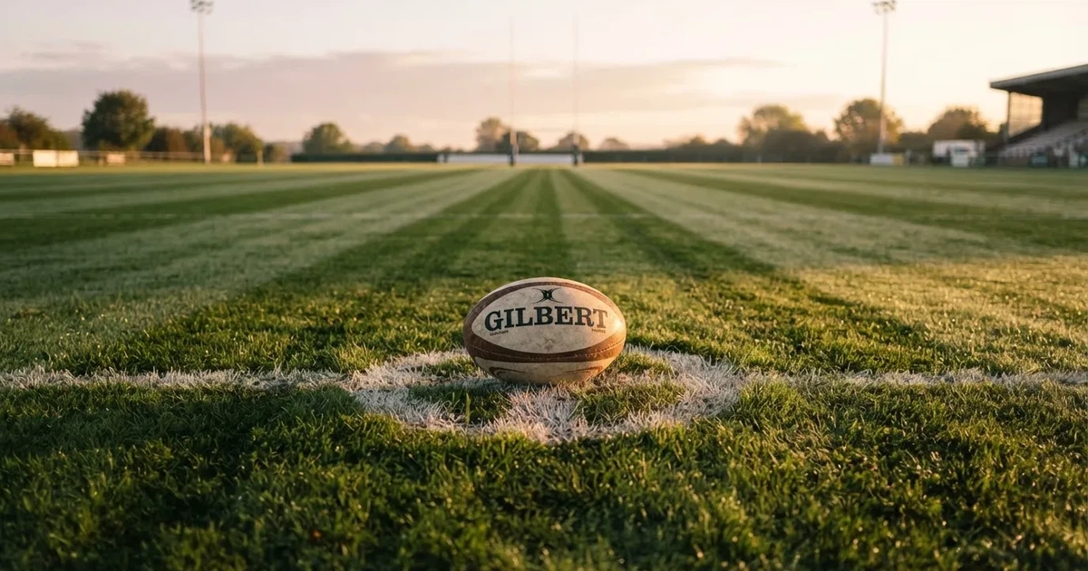 A ball on the centre spot of a grass pitch in morning light