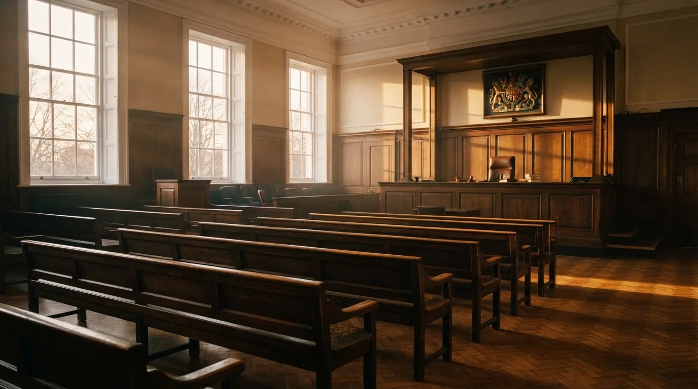 An empty courtroom with wooden benches in morning light