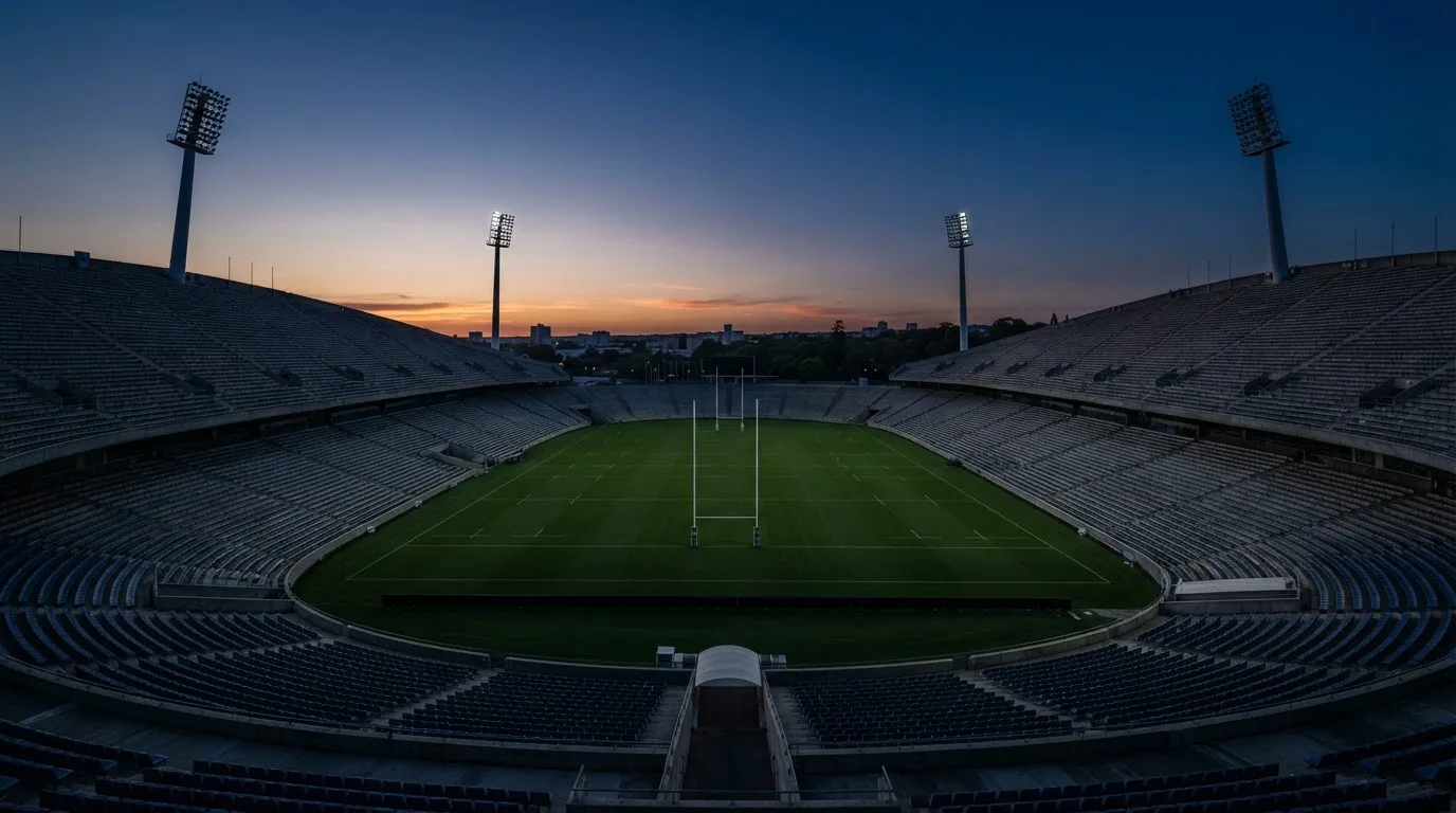 An empty football stadium with floodlight masts at dusk