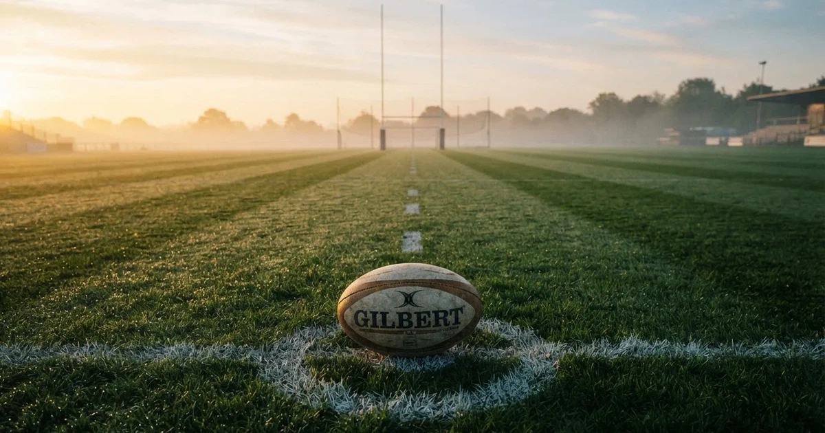 A ball on the centre spot of a grass pitch in morning light