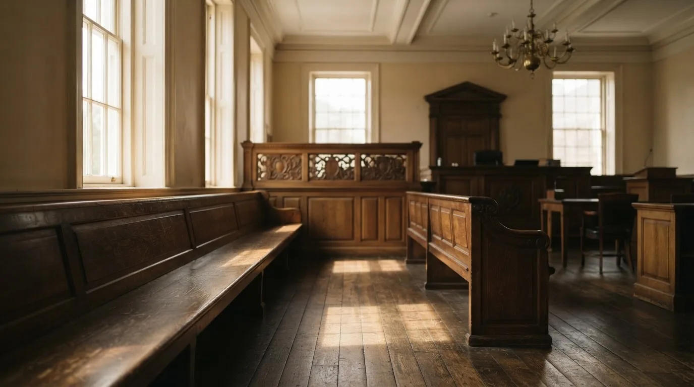 An empty courtroom with wooden benches in morning light