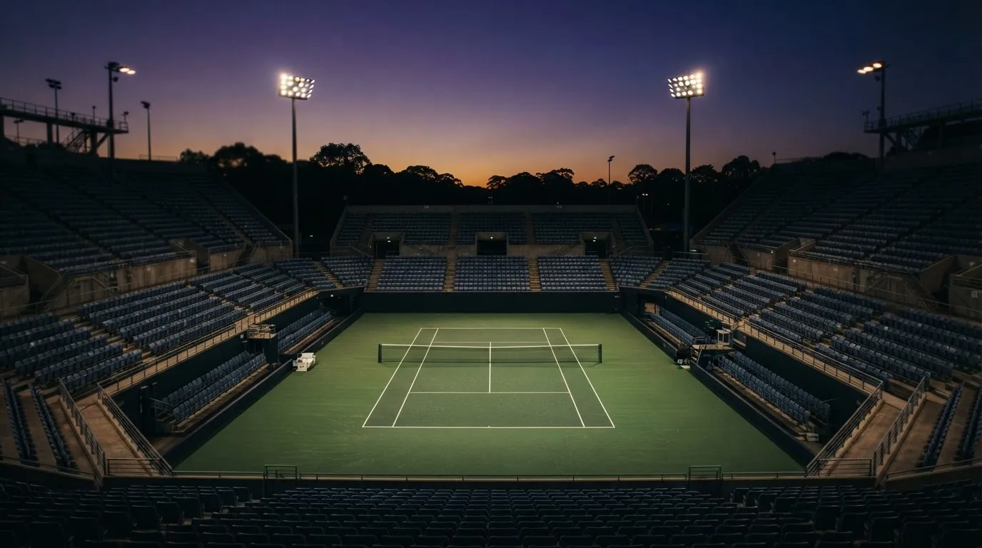 An empty football stadium with floodlight masts at dusk