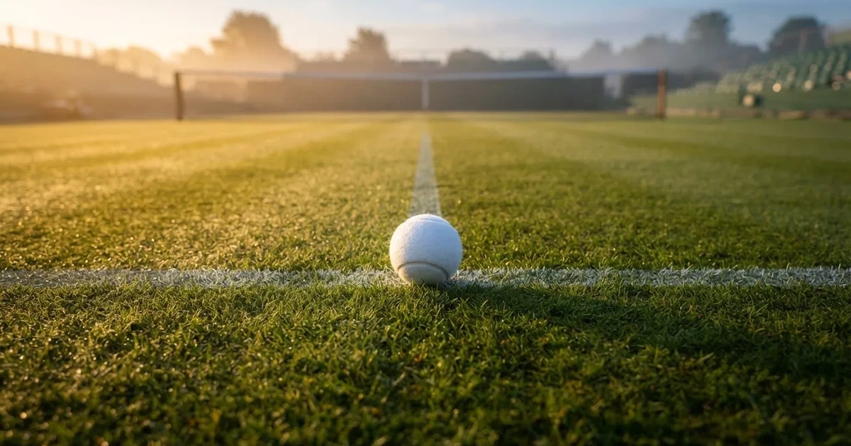 A ball on the centre spot of a grass pitch in morning light