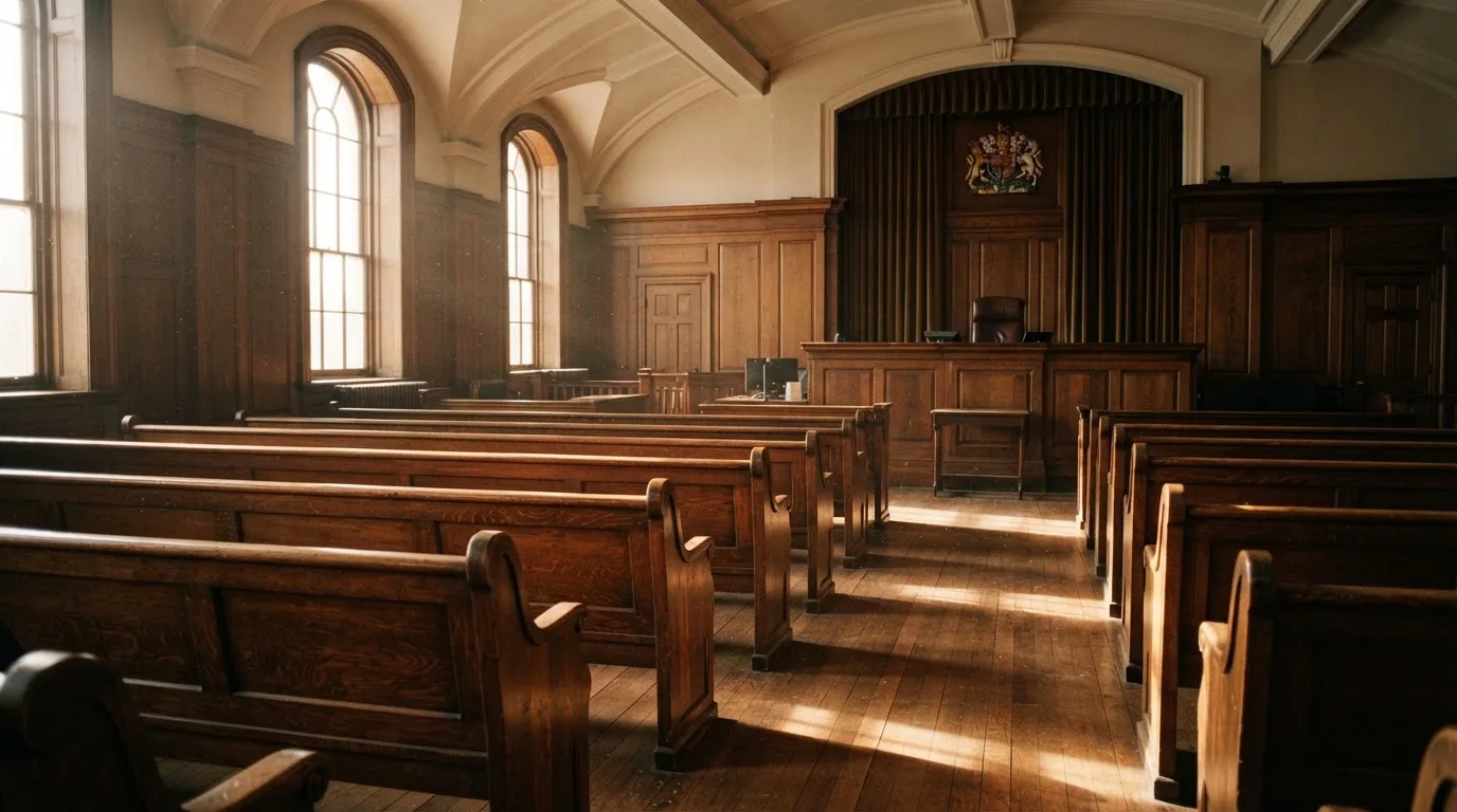 An empty courtroom with wooden benches in morning light