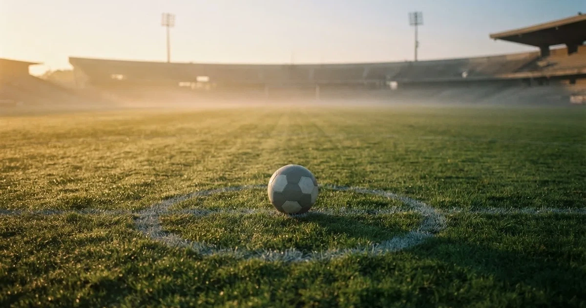 A ball on the centre spot of a grass pitch in morning light