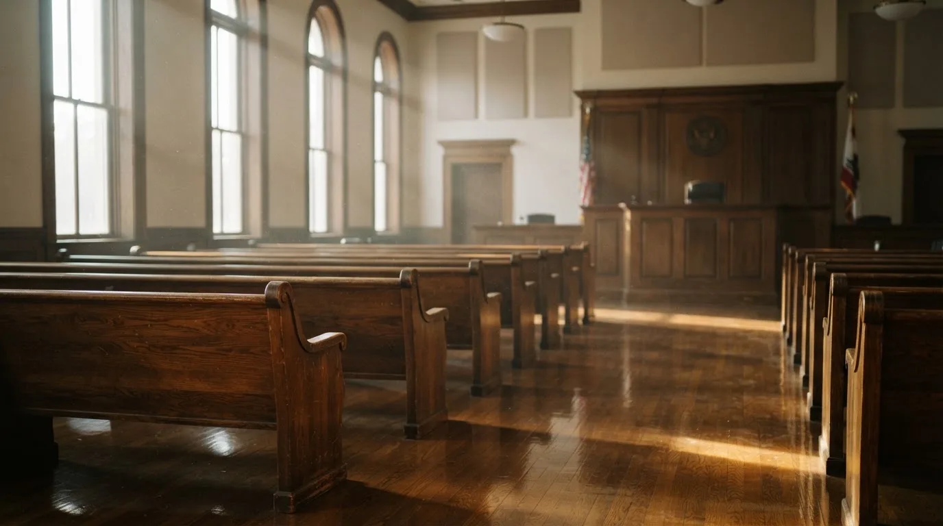 An empty courtroom with wooden benches in morning light