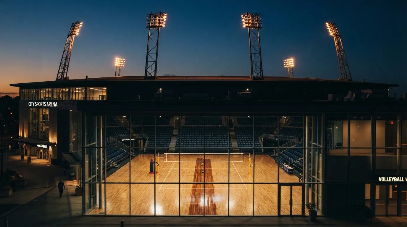 An empty football stadium with floodlight masts at dusk