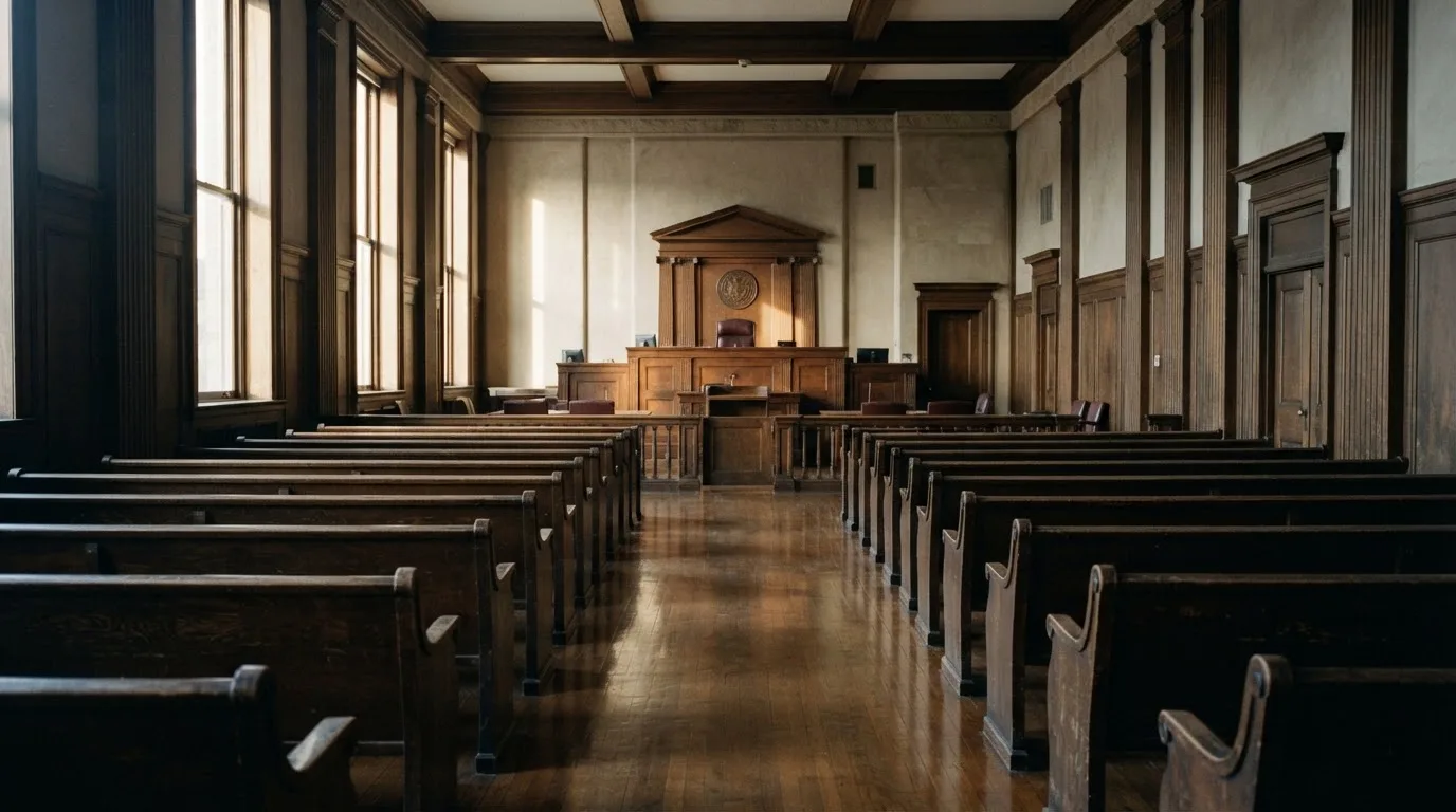 An empty courtroom with wooden benches in morning light