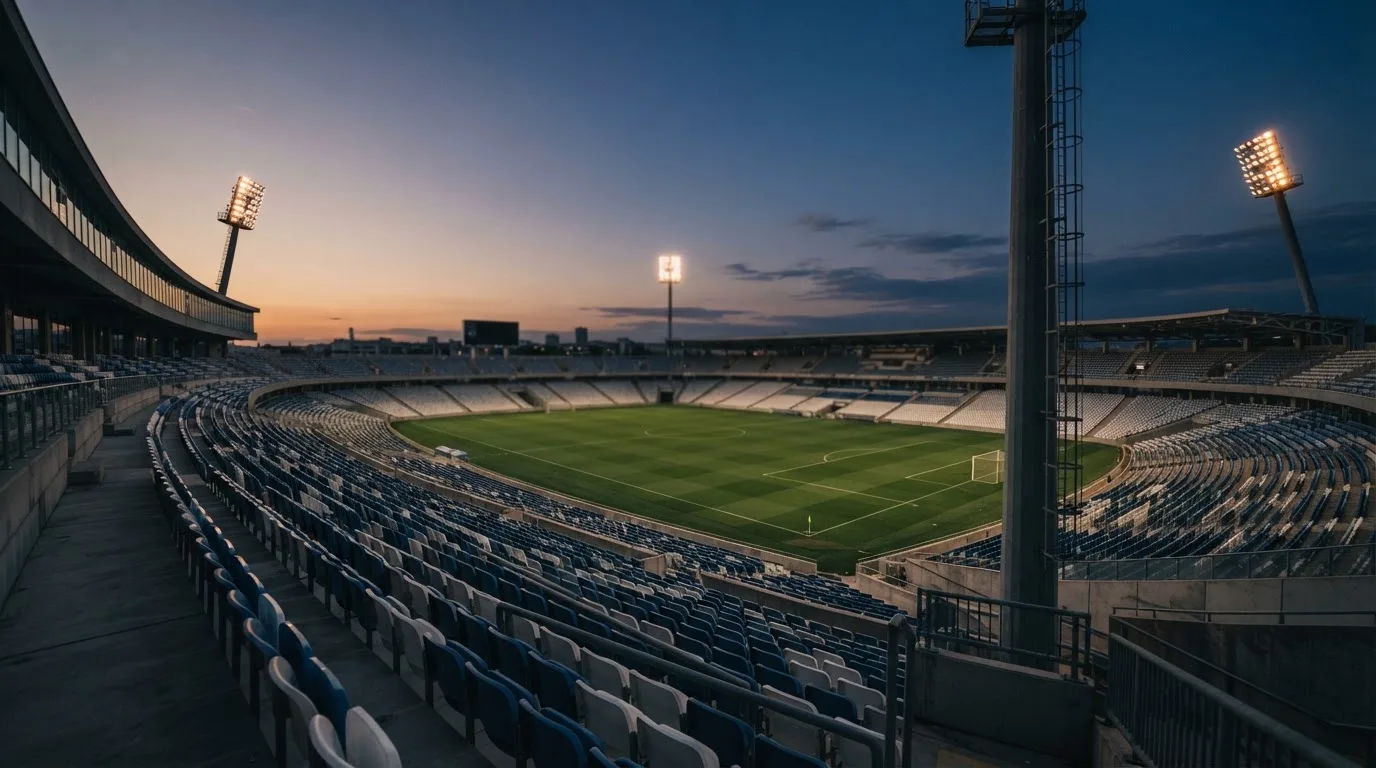 An empty football stadium with floodlight masts at dusk