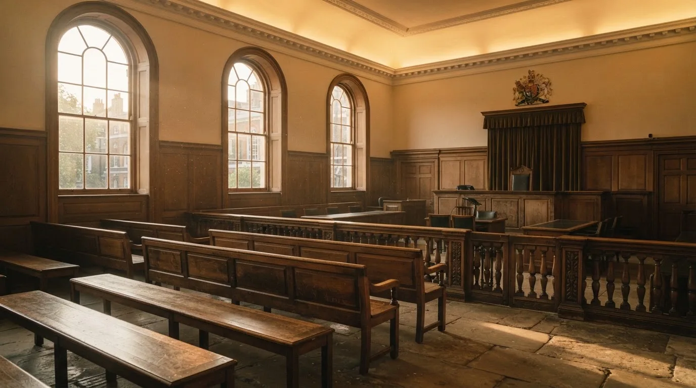 An empty courtroom with wooden benches in morning light