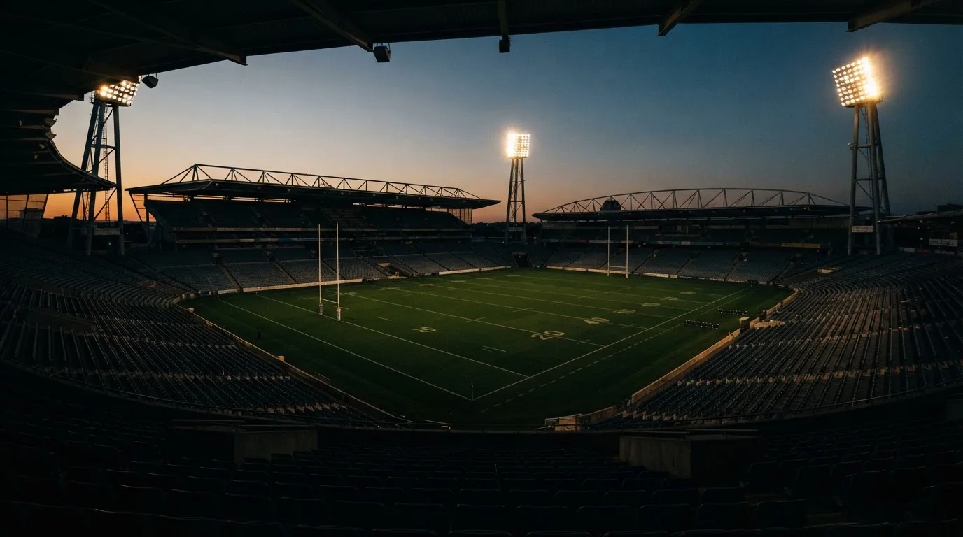 An empty football stadium with floodlight masts at dusk