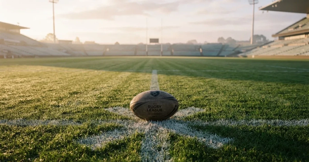 A ball on the centre spot of a grass pitch in morning light