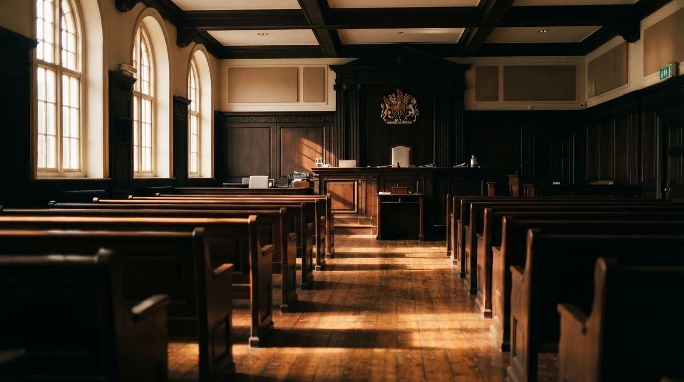 An empty courtroom with wooden benches in morning light