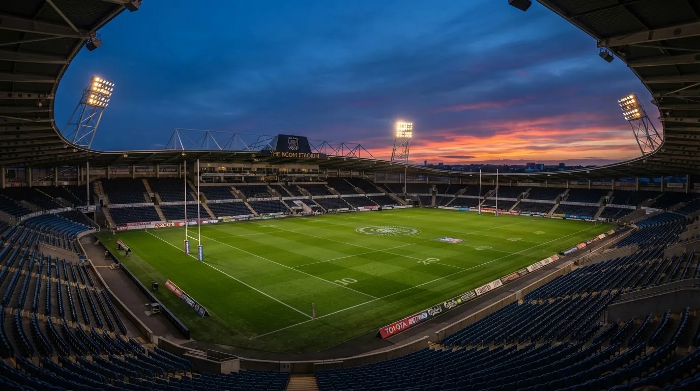 An empty football stadium with floodlight masts at dusk