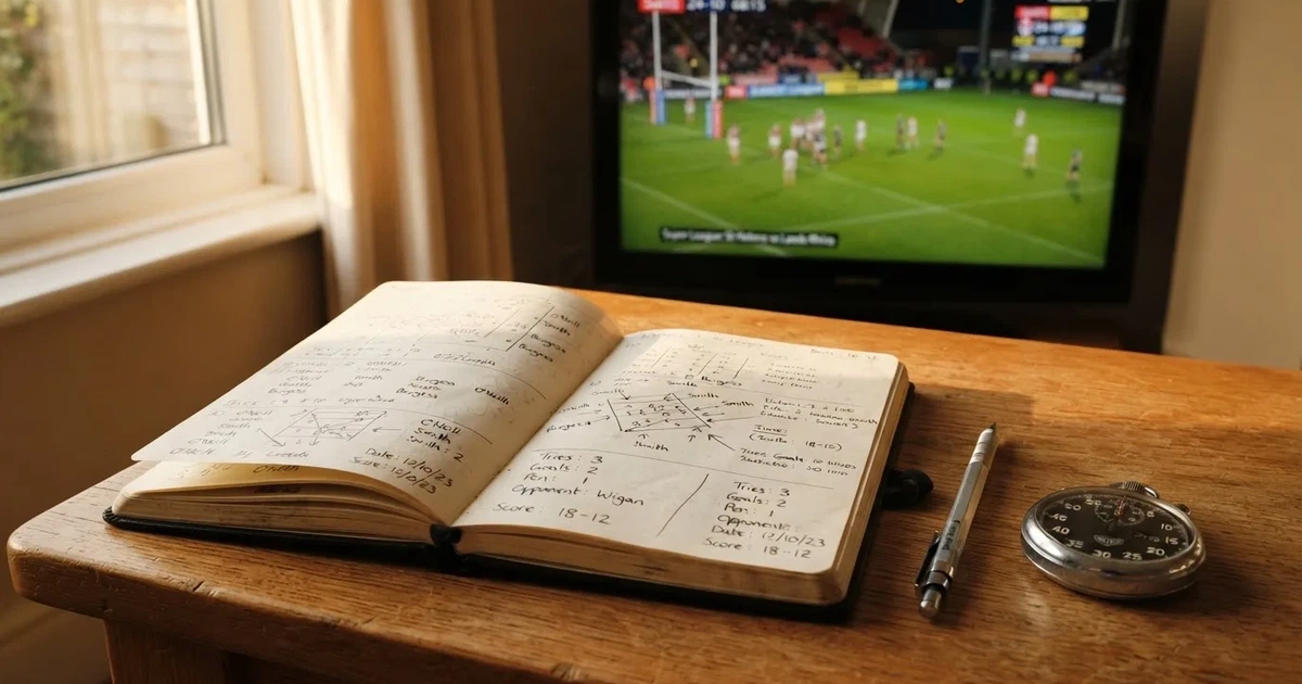 An open notebook with a pencil and a stopwatch on a wooden table