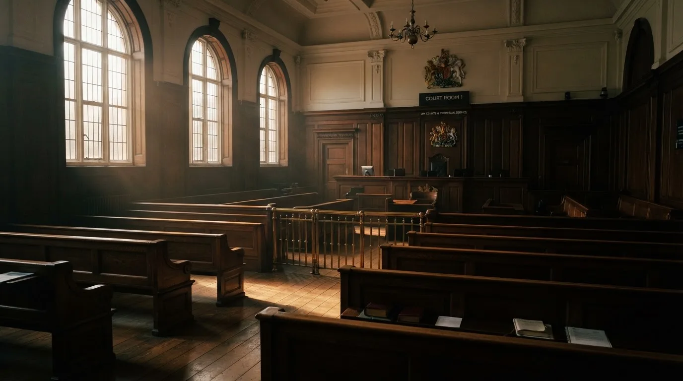 An empty courtroom with wooden benches in morning light