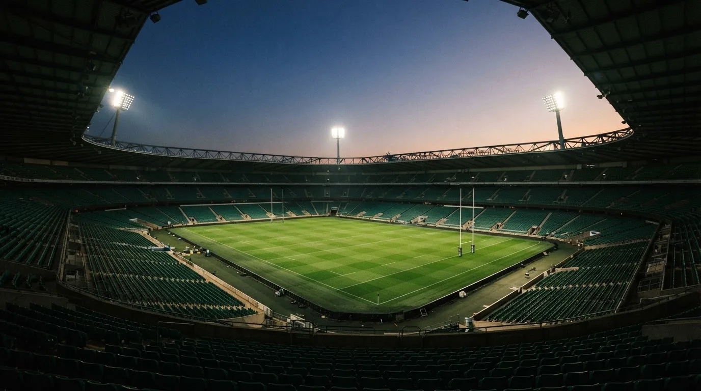 An empty football stadium with floodlight masts at dusk