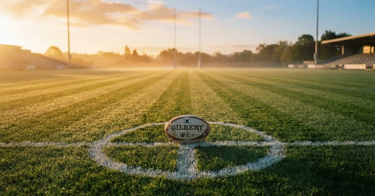 A ball on the centre spot of a grass pitch in morning light