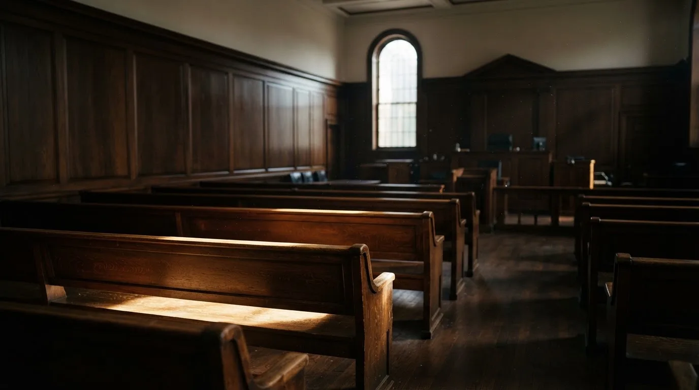 An empty courtroom with wooden benches in morning light
