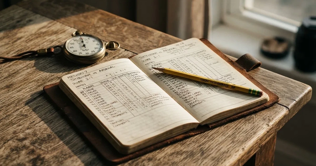 An open notebook with a pencil and a stopwatch on a wooden table
