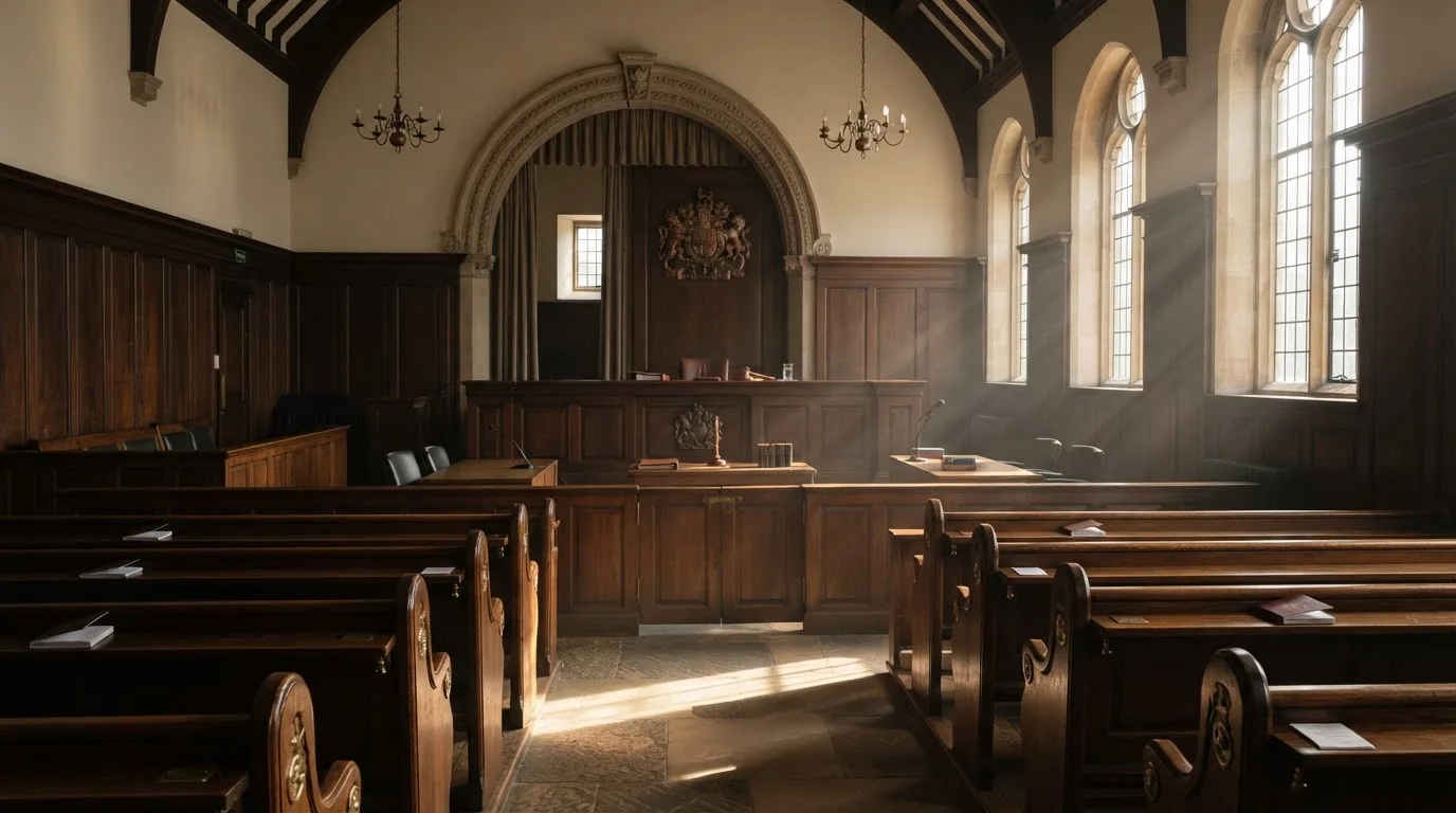 An empty courtroom with wooden benches in morning light