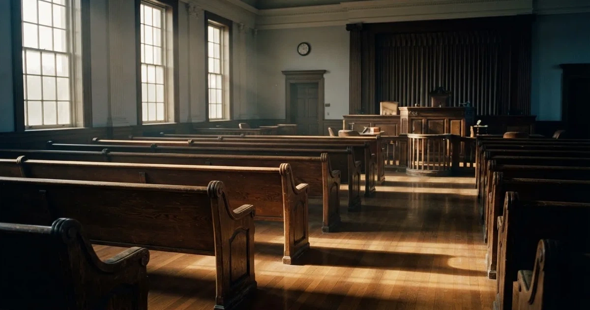 An empty courtroom with wooden benches in morning light