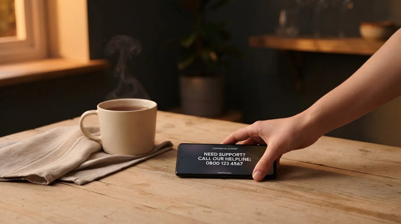 A hand setting a smartphone down beside a cup of tea on a kitchen table on a quiet evening