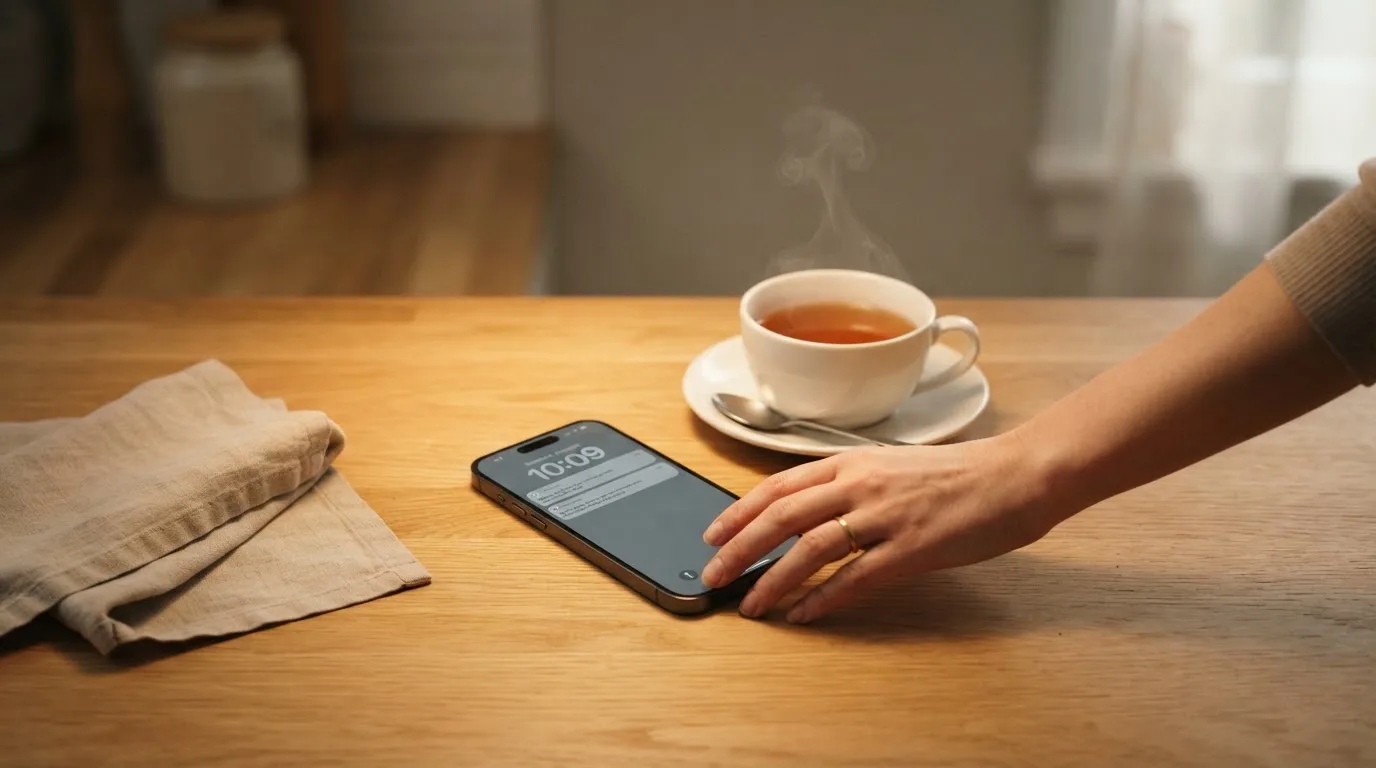 A hand setting a smartphone down beside a cup of tea on a kitchen table on a quiet evening