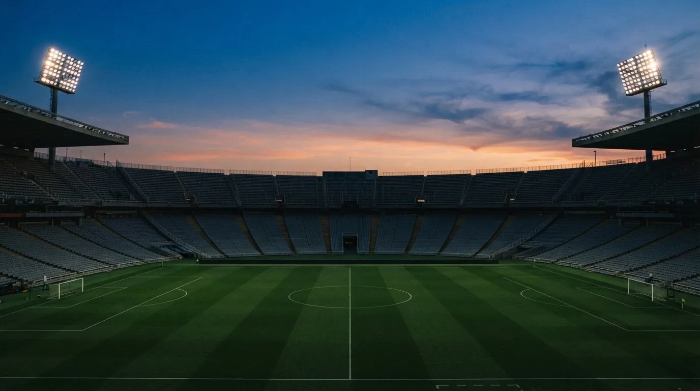An empty football stadium with floodlight masts at dusk