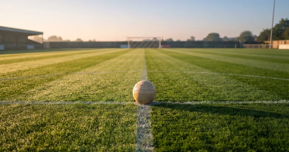 A ball on the centre spot of a grass pitch in morning light