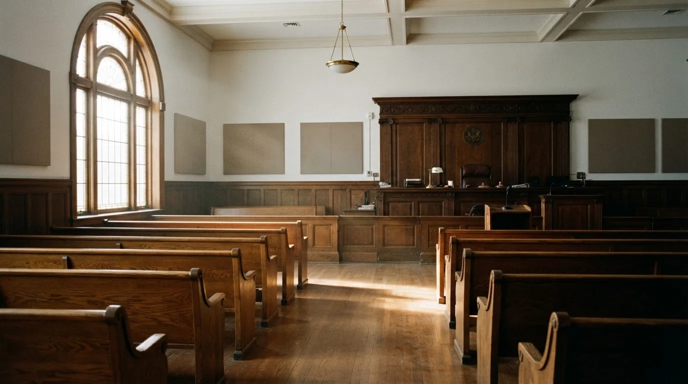 An empty courtroom with wooden benches in morning light